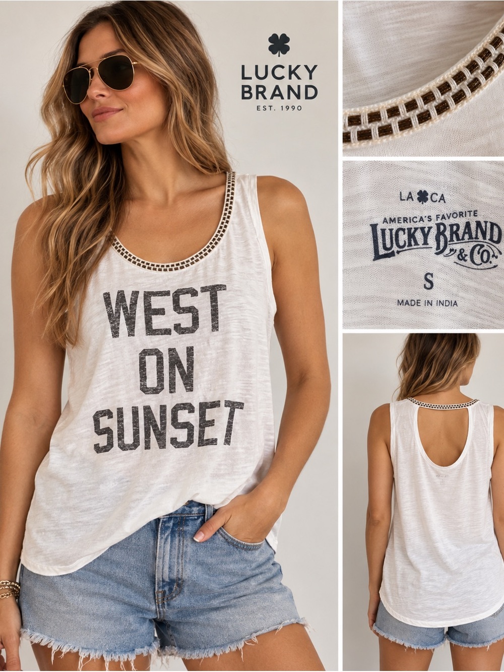 Lucky Brand West on Sunset Embellished White Tank Top Size Small